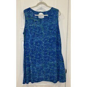 Bali Batiks Blue & Green Floral Hawaiian Batik Print Shift Dress 1xl EUC